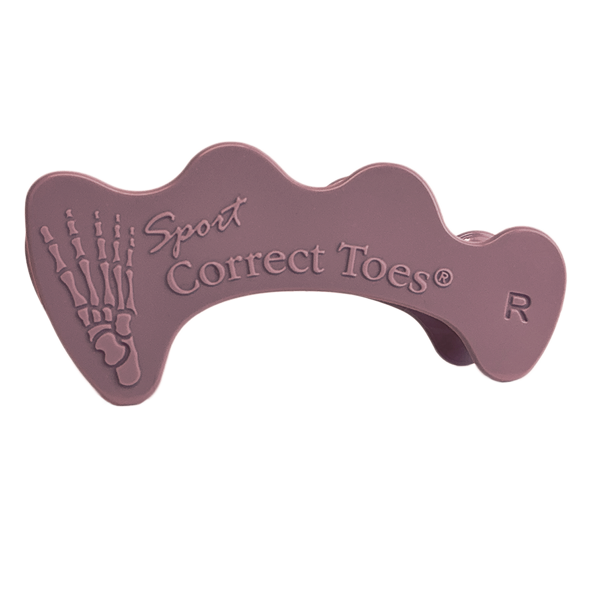 Mauve Correct Toes SPORT toe spacer with skeletal foot design and right foot indicator.