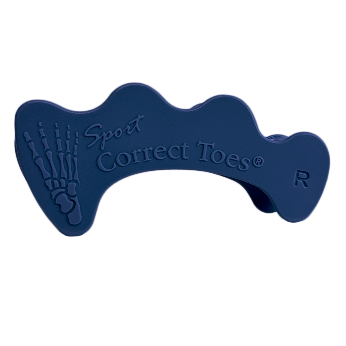 Dark blue Correct Toes SPORT® toe spacer with embossed skeletal foot design and lettering.